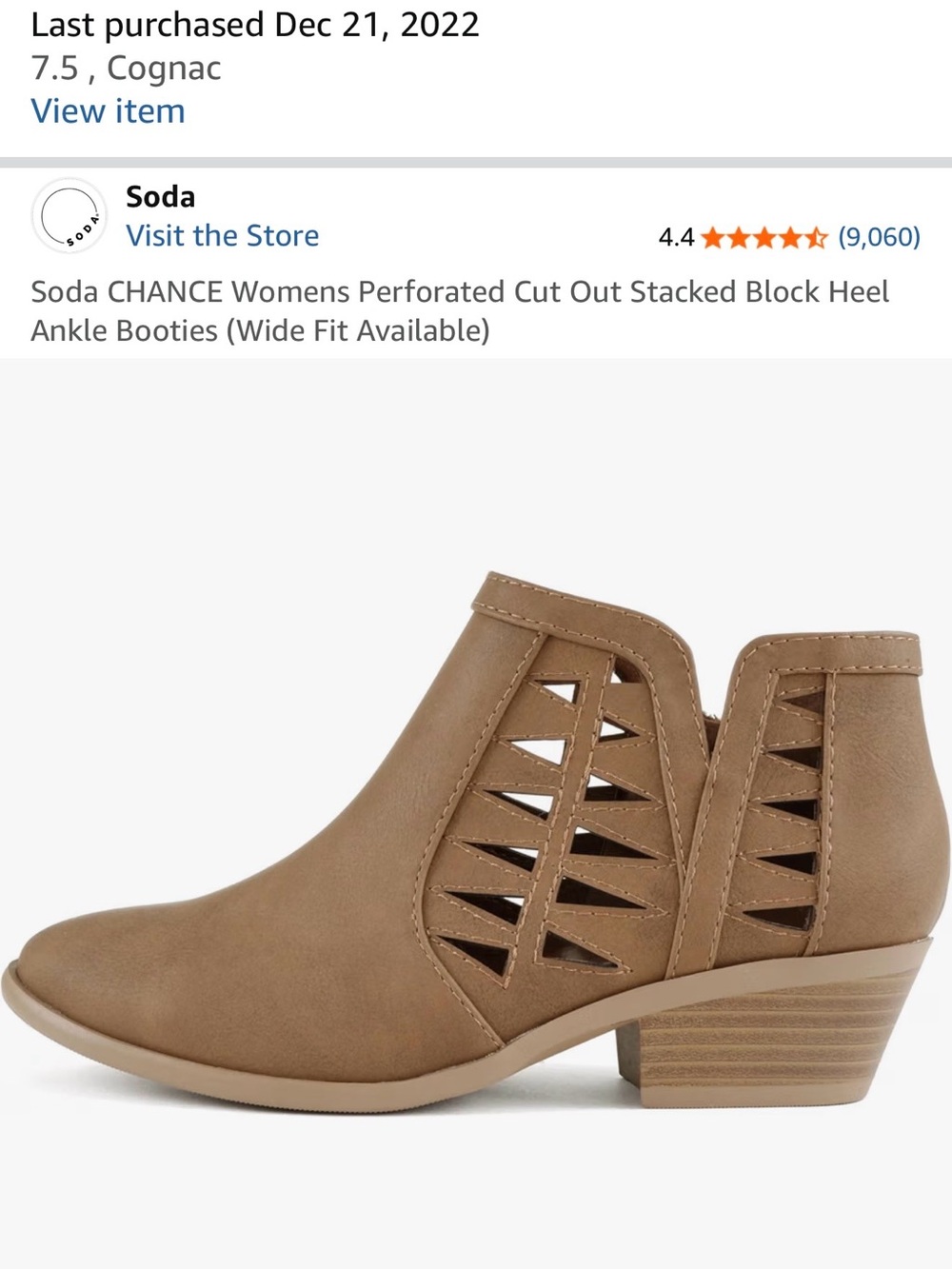 Soda Cognac Cutout Stacked Heel Ankle Booties